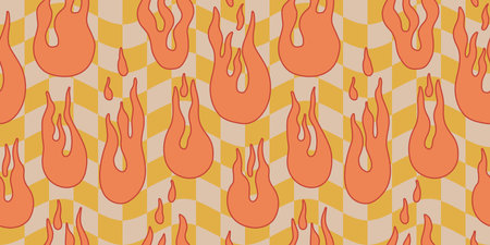 Groovy flame  Y2K  Psychedelic vector background. Seamless fire pattern in70s Retro Disco Style. Funky summer abstract modern aesthetic  print.Wall frame poster, banner or Social Media template.のイラスト素材
