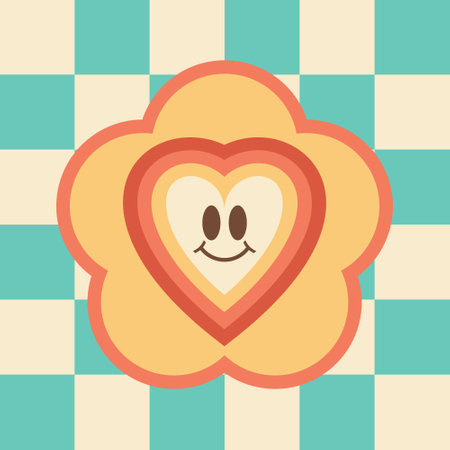 Groovy smiley heart  Y2K  Psychedelic vector background. Seamless smile pattern in
70s Retro Disco Style. Funky summer abstract modern aesthetic  print.
Wall frame poster, banner or Social Media template.のイラスト素材