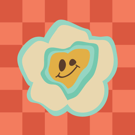 Groovy smiley heart  Y2K  Psychedelic vector background. Seamless smile pattern in
70s Retro Disco Style. Funky summer abstract modern aesthetic  print.
Wall frame poster, banner or Social Media template.のイラスト素材