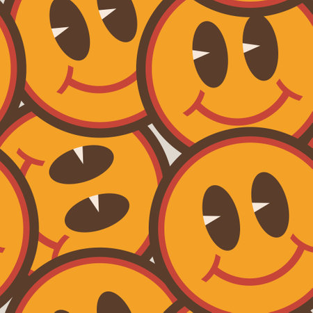 Groovy smile Y2K  Psychedelic vector background. Smiley seamless pattern in70s Retro Disco Style. Funky summer abstract modern aesthetic  print.Wall frame poster, banner or Social Media template.のイラスト素材
