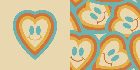 Groovy smiley heart  Y2K  Psychedelic vector background. Seamless smile pattern in70s Retro Disco Style. Funky summer abstract modern aesthetic  print.Wall frame poster, banner or Social Media template.のイラスト素材
