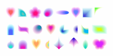 Abstract gradient Y2K fluid shapes vector set. Mental health elements on transparent background. Vaporwave modern aesthetic. Auramodern blurred hologram. Trendy Brutalism.のイラスト素材