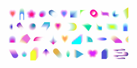 Abstract gradient Y2K fluid shapes vector set. Mental health elements on transparent background. Vaporwave modern aesthetic. Auramodern blurred hologram. Trendy Brutalism.の写真素材