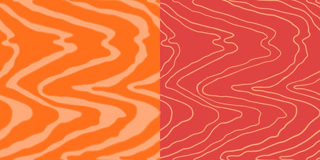 Red Salmon fillet vector seamless texture. Food abstract wallpaper pattern with waved stripes. Sushi restaurant packaging and Menu design.のイラスト素材