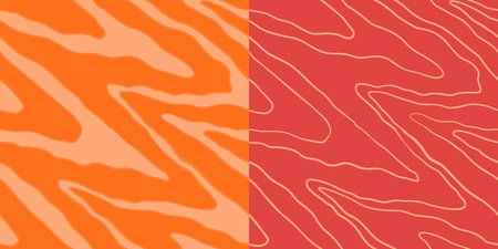 Red Salmon fillet vector seamless texture. Food abstract wallpaper pattern with waved stripes. Sushi restaurant packaging and Menu design.のイラスト素材
