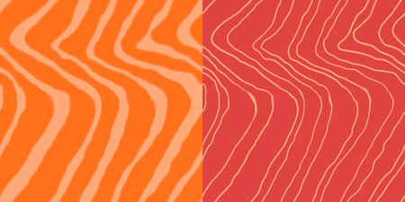 Red Salmon fillet vector seamless texture. Food abstract wallpaper pattern with waved stripes. Sushi restaurant packaging and Menu design.のイラスト素材