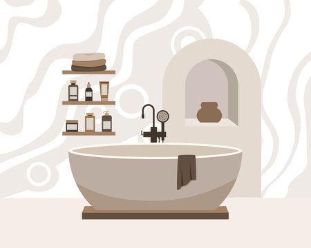 Modern loft bathroom vector flat composition. Stylish home decor in scandinavian style. Boho ethnic apartment in terracotta, pastel white and beige colors. Hygge lifestyle design.のイラスト素材