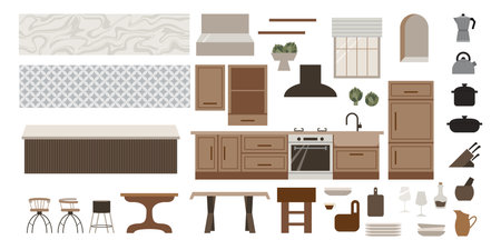 Modern loftkitchen vector flat isolated elements set. Stylish home decor in scandinavian style. Boho ethnic apartment in terracotta, pastel white and beige colors. Hygge lifestyle design.のイラスト素材