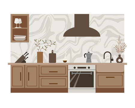 Modern loftkitchen vector flat composition. Stylish home decor in scandinavian style. Boho ethnic apartment in terracotta, pastel white and beige colors. Hygge lifestyle design.のイラスト素材