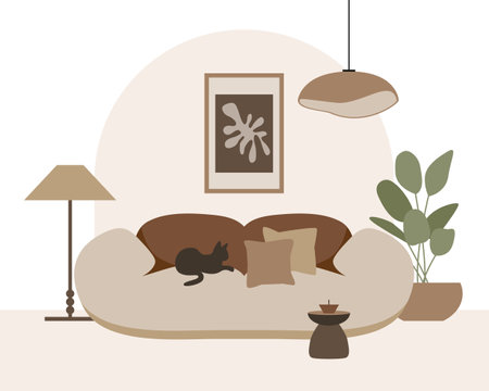 Modern loft living room vector composition. Stylish home decor in scandinavian style. Boho ethnic apartment in terracotta, pastel white and beige colors. Hygge lifestyle.のイラスト素材