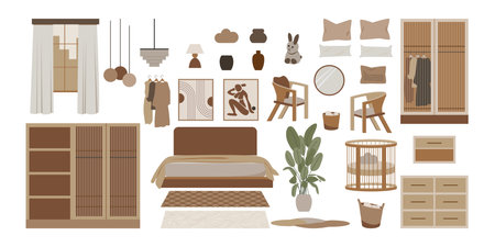 Modern loft bedroom vector flat isolated elements. Stylish home decor in scandinavian style. Boho ethnic apartment in terracotta, pastel white and beige colors. Hygge lifestyle design.のイラスト素材