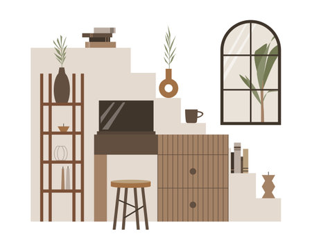 Modern loft living room workspace vector composition. Stylish home decor in scandinavian style. Boho ethnic apartment in terracotta, pastel white and beige colors. Hygge lifestyle.のイラスト素材
