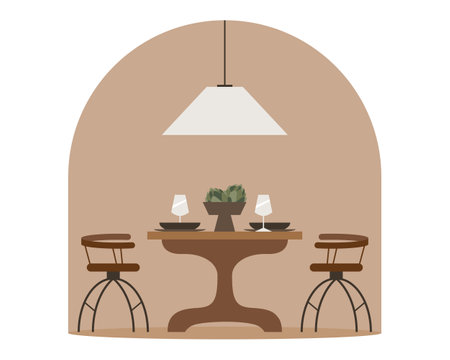 Modern loftkitchen vector flat composition. Stylish home decor in scandinavian style. Boho ethnic apartment in terracotta, pastel white and beige colors. Hygge lifestyle design.のイラスト素材