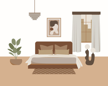 Modern loft bedroom vector flat composition. Stylish home decor in scandinavian style. Boho ethnic apartment in terracotta, pastel white and beige colors. Hygge lifestyle design.のイラスト素材