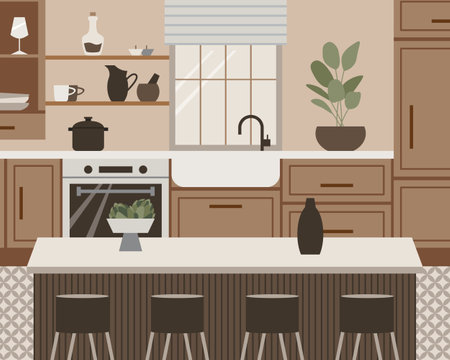 Modern loftkitchen vector flat composition. Stylish home decor in scandinavian style. Boho ethnic apartment in terracotta, pastel white and beige colors. Hygge lifestyle design.のイラスト素材