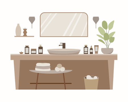 Modern loft bathroom vector flat composition. Stylish home decor in scandinavian style. Boho ethnic apartment in terracotta, pastel white and beige colors. Hygge lifestyle design.のイラスト素材