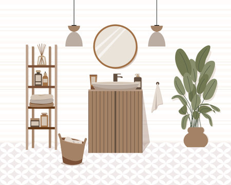 Modern loft bathroom vector flat composition. Stylish home decor in scandinavian style. Boho ethnic apartment in terracotta, pastel white and beige colors. Hygge lifestyle design.のイラスト素材