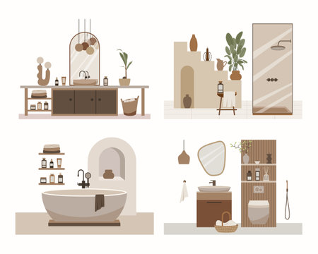 Modern loft bathroom vector flat composition. Stylish home decor in scandinavian style. Boho ethnic apartment in terracotta, pastel white and beige colors. Hygge lifestyle design.のイラスト素材