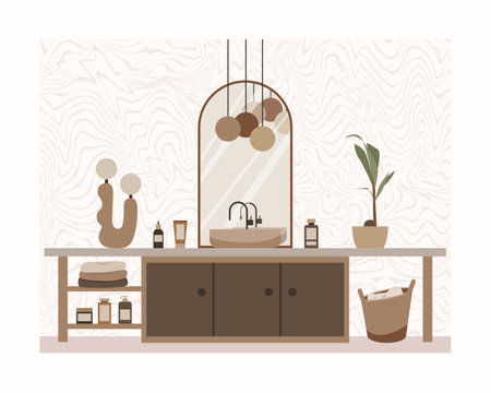 Modern loft bathroom vector flat composition. Stylish home decor in scandinavian style. Boho ethnic apartment in terracotta, pastel white and beige colors. Hygge lifestyle design.のイラスト素材