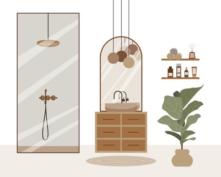 Modern loft bathroom vector flat composition. Stylish home decor in scandinavian style. Boho ethnic apartment in terracotta, pastel white and beige colors. Hygge lifestyle design.のイラスト素材