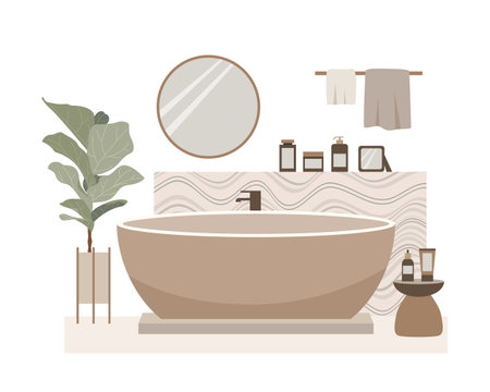 Modern loft bathroom vector flat composition. Stylish home decor in scandinavian style. Boho ethnic apartment in terracotta, pastel white and beige colors. Hygge lifestyle design.のイラスト素材
