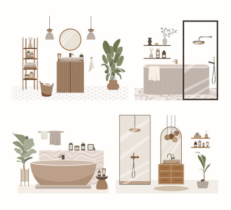 Modern loft bathroom vector flat composition. Stylish home decor in scandinavian style. Boho ethnic apartment in terracotta, pastel white and beige colors. Hygge lifestyle design.のイラスト素材