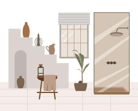 Modern loft bathroom vector flat composition. Stylish home decor in scandinavian style. Boho ethnic apartment in terracotta, pastel white and beige colors. Hygge lifestyle design.のイラスト素材