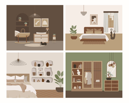 Modern loft bedroom vector flat isolated elements. Stylish home decor in scandinavian style. Boho ethnic apartment in terracotta, pastel white and beige colors. Hygge lifestyle design.のイラスト素材