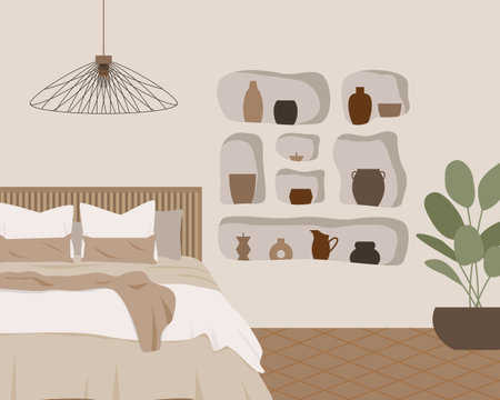 Modern loft bedroom vector flat isolated elements. Stylish home decor in scandinavian style. Boho ethnic apartment in terracotta, pastel white and beige colors. Hygge lifestyle design.のイラスト素材