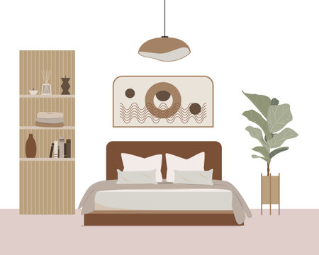 Modern loft bedroom vector flat isolated elements. Stylish home decor in scandinavian style. Boho ethnic apartment in terracotta, pastel white and beige colors. Hygge lifestyle design.のイラスト素材