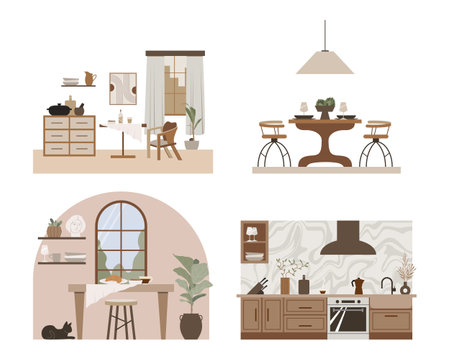 Modern loftkitchen vector flat composition. Stylish home decor in scandinavian style. Boho ethnic apartment in terracotta, pastel white and beige colors. Hygge lifestyle design.のイラスト素材
