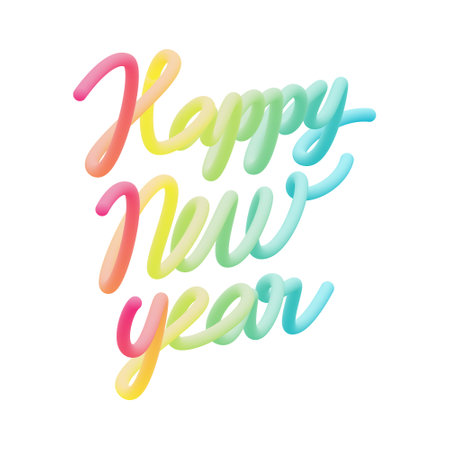 3D balloon realistic rainbow "Happy New Year" quote vector design. Handdrawn winter calligraphy in plastic cartoon style. Minimal shape render words.のイラスト素材