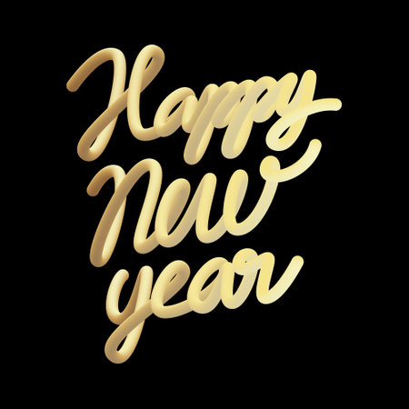 3D balloon realistic "Happy New Year" quote vector design. Handdrawn winter calligraphy in plastic cartoon style. Minimal shape render gold words.のイラスト素材