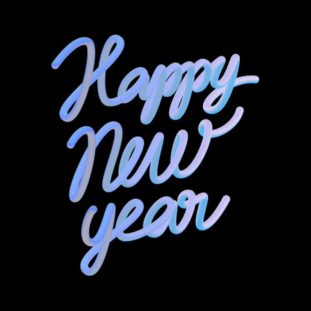 3D balloon realistic "Happy New Year" quote vector design. Handdrawn winter calligraphy in plastic cartoon style. Minimal shape render blue words.のイラスト素材