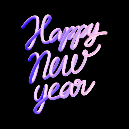 3D balloon realistic "Happy New Year" quote vector design. Handdrawn winter calligraphy in plastic cartoon style. Minimal shape render purple words.のイラスト素材