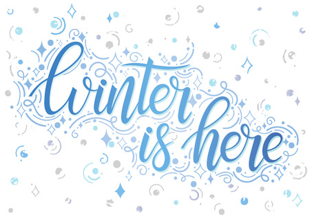 Holidays typography.Winter is here - Hand painted lettering with stylized snowflakes,swirls and sparkles.Seasons greetings card designs perfect for prints, flyers, cards and more.のイラスト素材