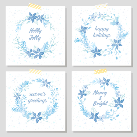 Christmas and New Year typography.Collection of winter wreaths with floral elements and stylized snowflakes.Seasons greetings card designs perfect for prints, flyers,cards,invitations and more.のイラスト素材