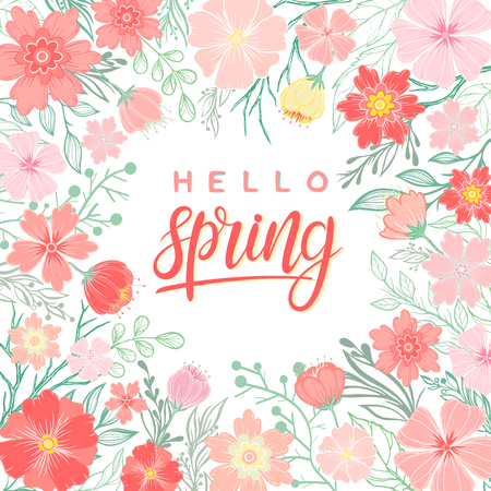 Design card with hand drawn lettering hello spring with floral elements,spring plants, leaves and flowers. Seasons greetings card perfect for prints, flyers,banners,invitations,special offer and more.のイラスト素材