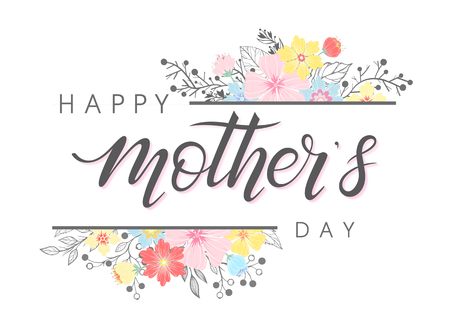 Happy Mothers Day typography.Happy Mothers Day - hand drawn lettering with floral elements,leaves and flowers.Seasons greetings card perfect for prints,banners,invitations,special offer and more.のイラスト素材