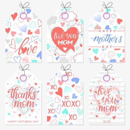Set of creative Mothers Day cards.Hand drawn lettering with hearts,dots,stripes and clouds  backgrounds.Seasons greetings cards perfect for prints, flyers,banners,invitations,special offer and more.のイラスト素材