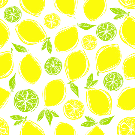 Seamless pattern of stylized hand drawn lemons and leaves.Perfect for restaurant menu backdrop, healthy food concept, juice bar,cards and prints.Vector illustration with lemons and limes.のイラスト素材
