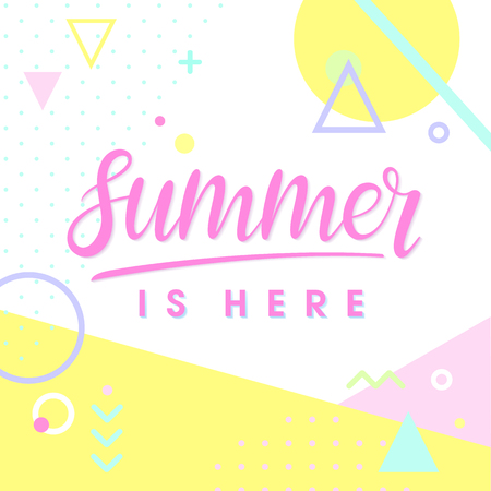 Summer poster.Hand drawn lettering summer is here with geometric elements in memphis style.Abstract design card perfect for prints, flyers,banners,invitations,special offer and more.のイラスト素材