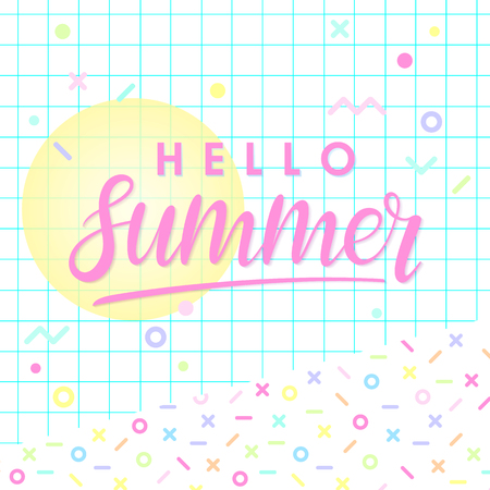 Hand drawn lettering hello summer with retro style texture, pattern and geometric elements in memphis style.Abstract design card perfect for prints, flyers,banners,invitations,special offer and more.のイラスト素材
