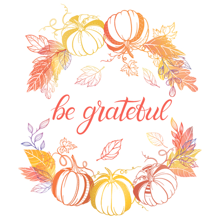 Thanksgiving typography.Hand drawn lettering with stylized pumpkins and leaves in fall colors.Thanksgiving design perfect for prints,flyers, banners, invitations, special offer and more.のイラスト素材