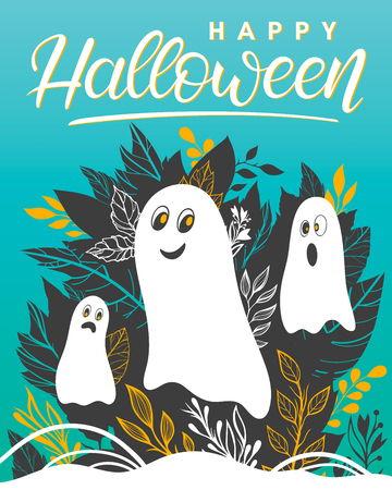 Hand drawn lettering with cute ghosts and leaves.のイラスト素材