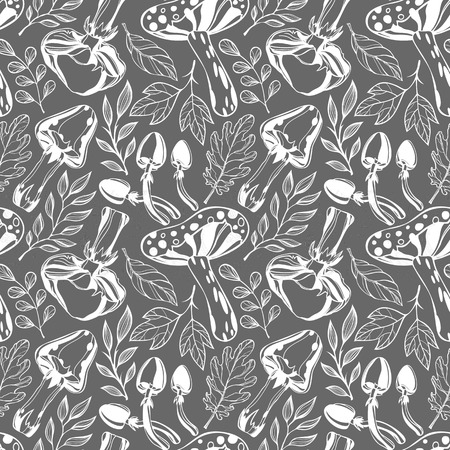 Black and white pattern with stylized mushrooms and leaves on a grey background.のイラスト素材