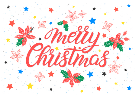 Christmas and New Year typography.Merry Christmas with branches and floral elements, snowflakes and stars.のイラスト素材