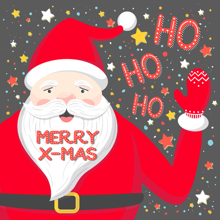 Christmas and New Year typography.Santa Claus and ho ho ho with colorful confetti and stars.のイラスト素材