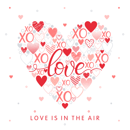 Hand painted lettering with different hearts,hugs and kisses.Romantic heart illustration perfect for design greetings, prints, flyers,cards,holiday invitations and more.Vector Valentines Day card.のイラスト素材