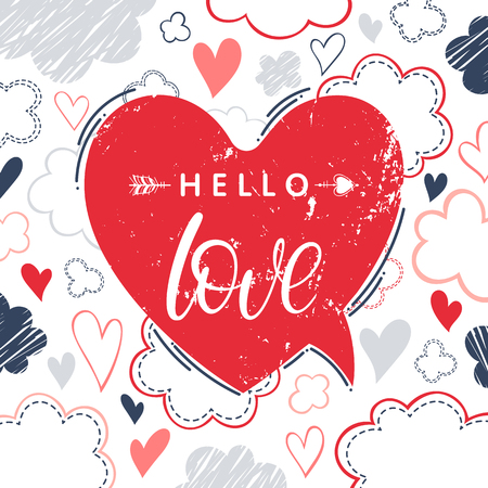 Hello Love - Hand painted lettering with speech bubble clouds and different hearts.Romantic heart illustration perfect for design greeting cards, prints, flyers,cards,holiday invitations and more.のイラスト素材